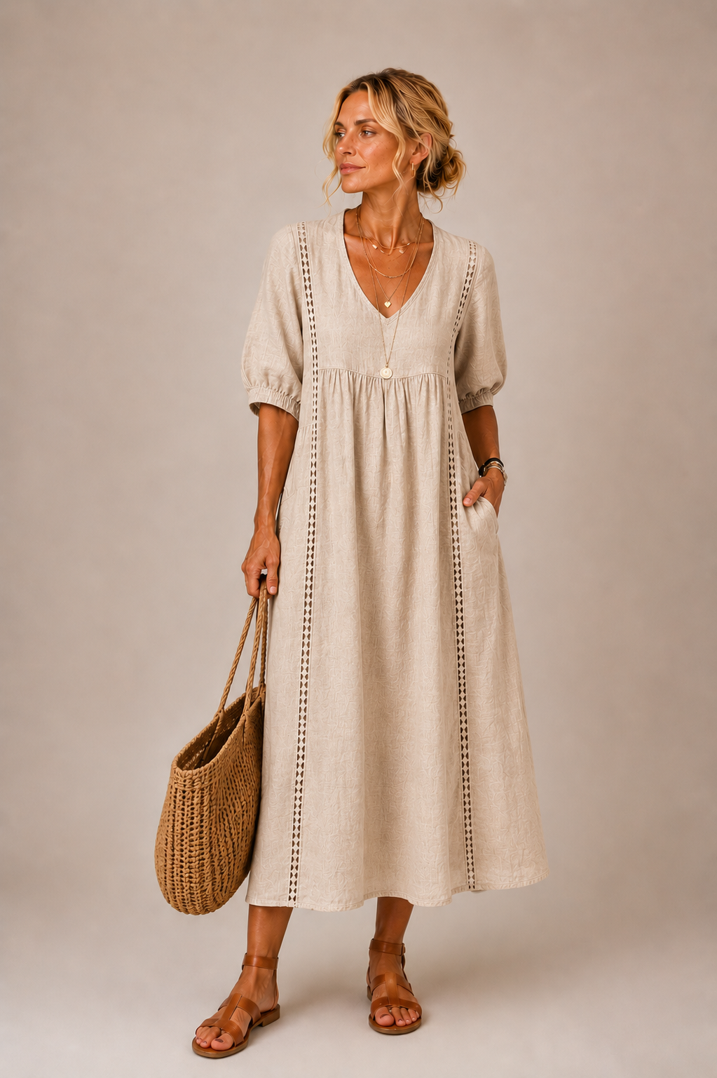 Robes d'été midi Gillian de Danoir Paris en tissu léger avec motifs floraux, portée en mode décontracté.