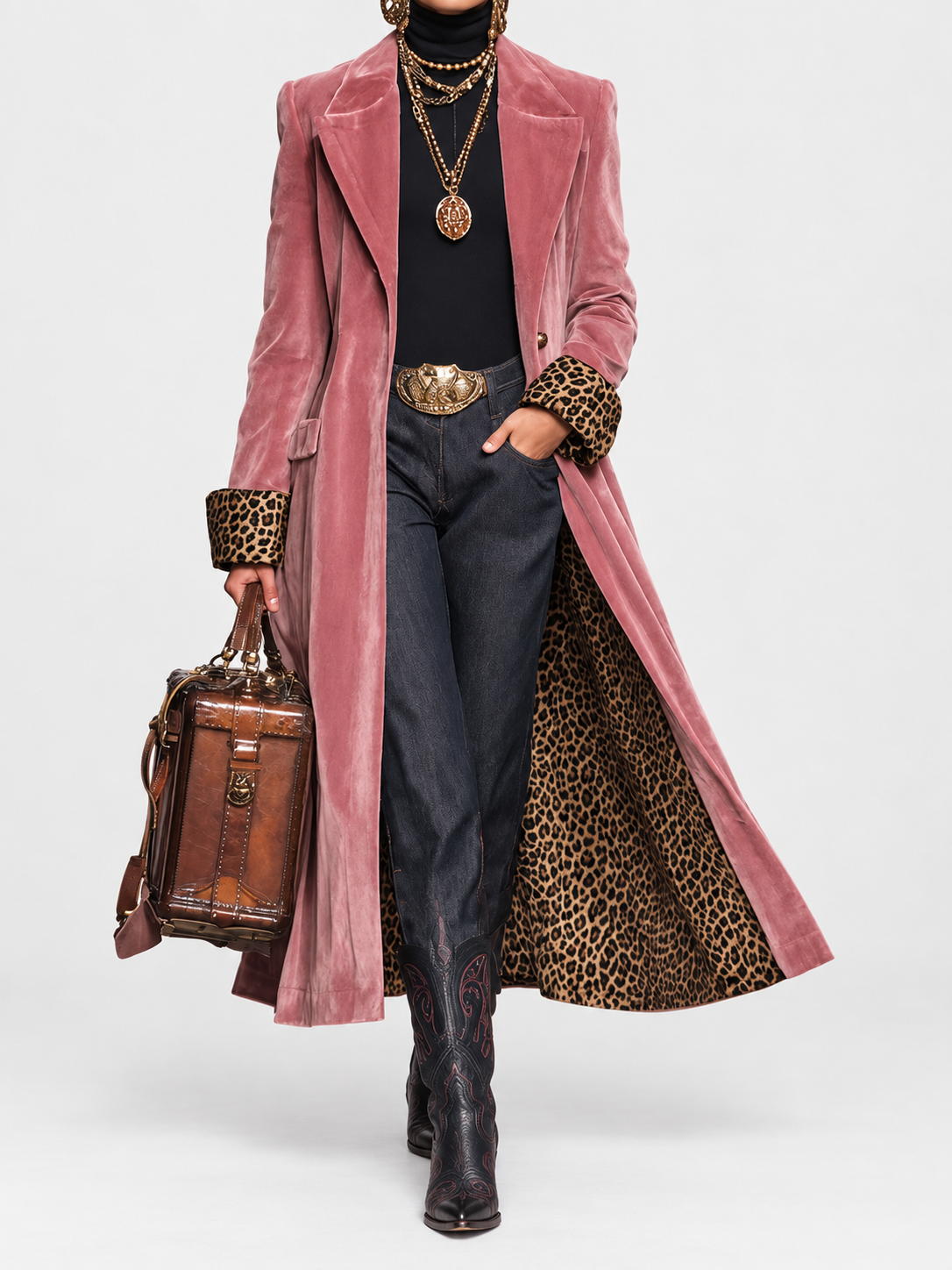 Manteau long élégant sur mesure Madison par Danoir Paris, en tissu chic, porté par un mannequin.