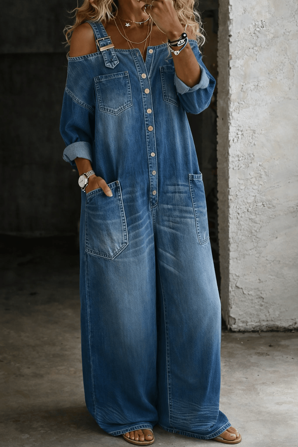 Combinaison en denim Sophia de Danoir Paris avec épaules dénudées, montrant le haut et les détails du tissu en jean bleu.