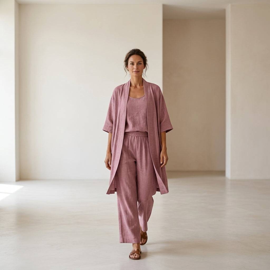 Vêtement en lin Isabela™ de Danoir Paris, ensemble élégant et sophistiqué, avec chemise et pantalon beige, porté sur mannequin.