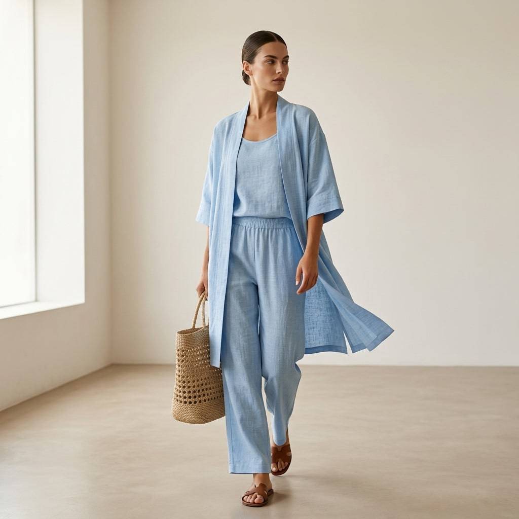 Ensemble en lin Isabela Danoir Paris, vêtement élégant et sophistiqué avec chemise et pantalon dans un style minimaliste.