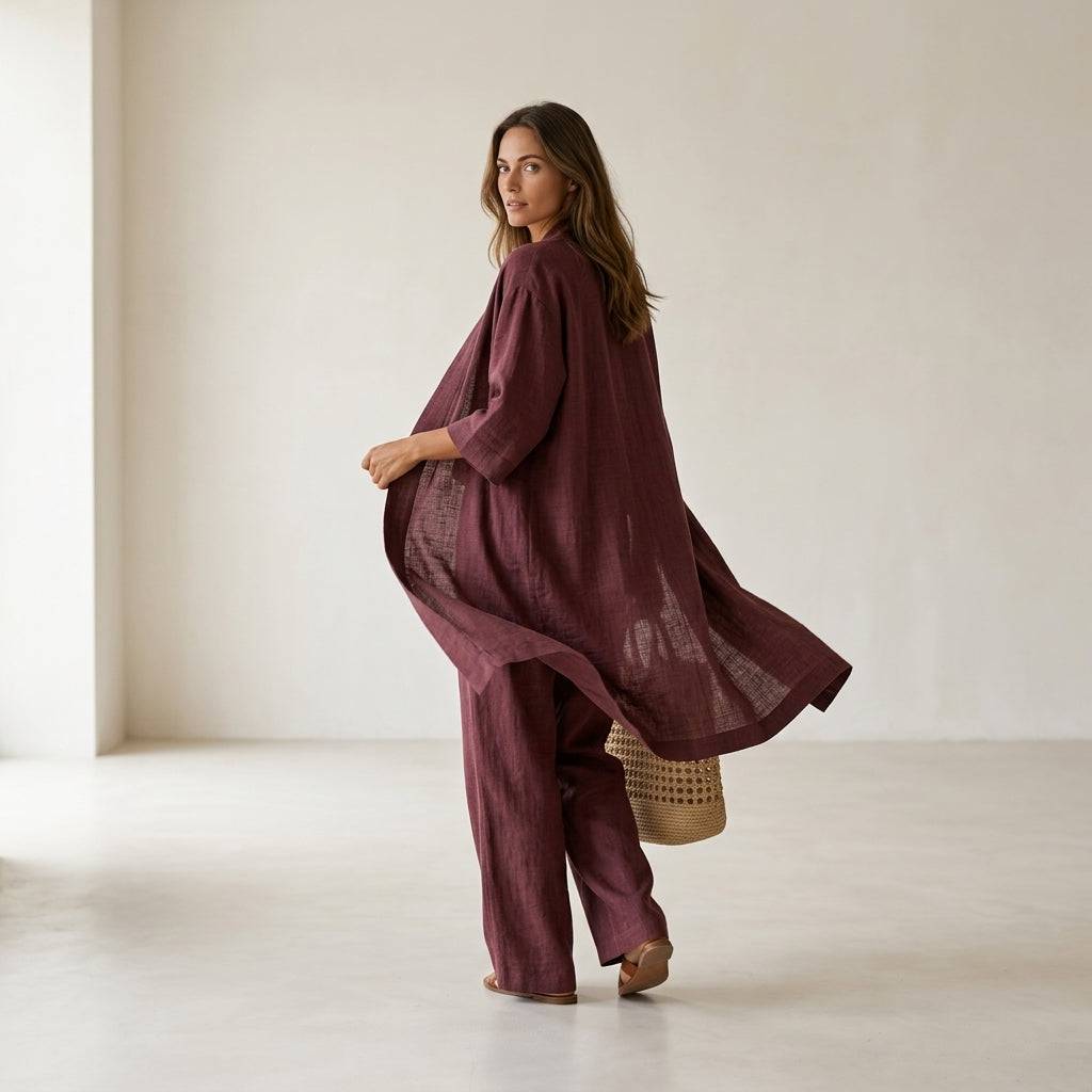 Ensemble en lin élégant et sophistiqué Isabela™ de Danoir Paris, montrant la veste et la jupe en tissu léger.