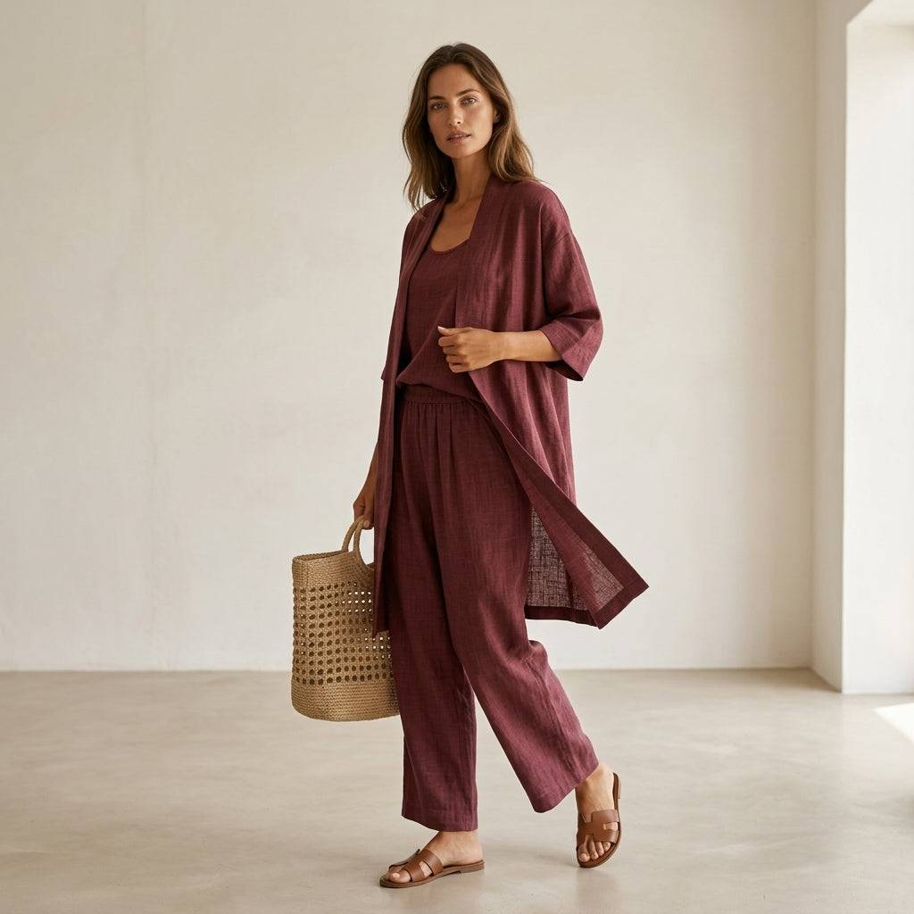 Ensemble en lin élégant Isabela™ de Danoir Paris, vêtement minimaliste avec coupe sophistiquée, porté sur un fond neutre.