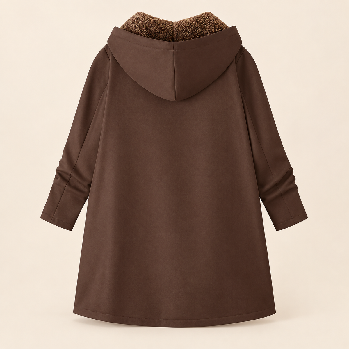Manteau à capuche douillet Evelyn™ en sherpa brun foncé, veste chaude et confortable de Danoir Paris, vue en studio.