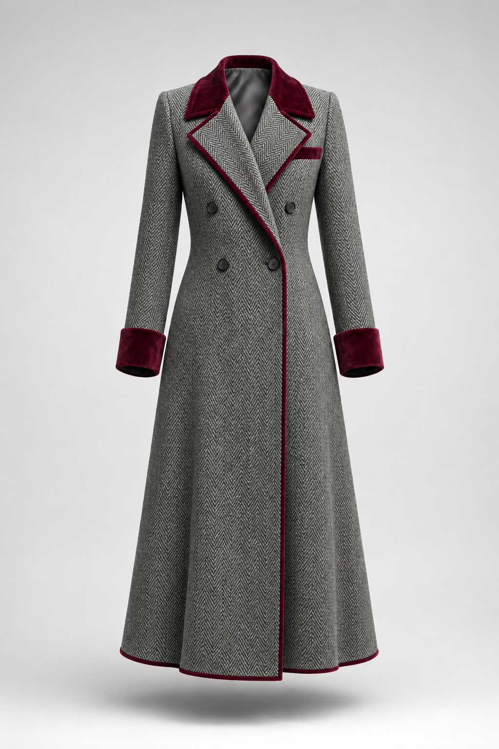 Manteau long en laine à chevrons avec finition en velours, élégant, de marque Danoir Paris, en couleur bordeaux.