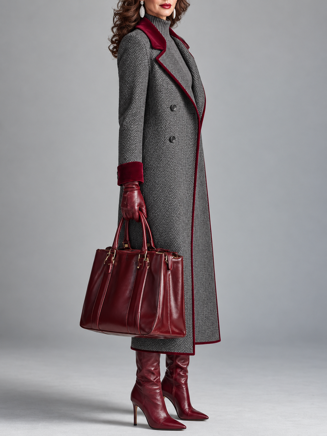 Manteau long en laine à chevrons Danoir Paris avec finition en velours, élégant et chaud pour l'hiver, couleur bordeaux.