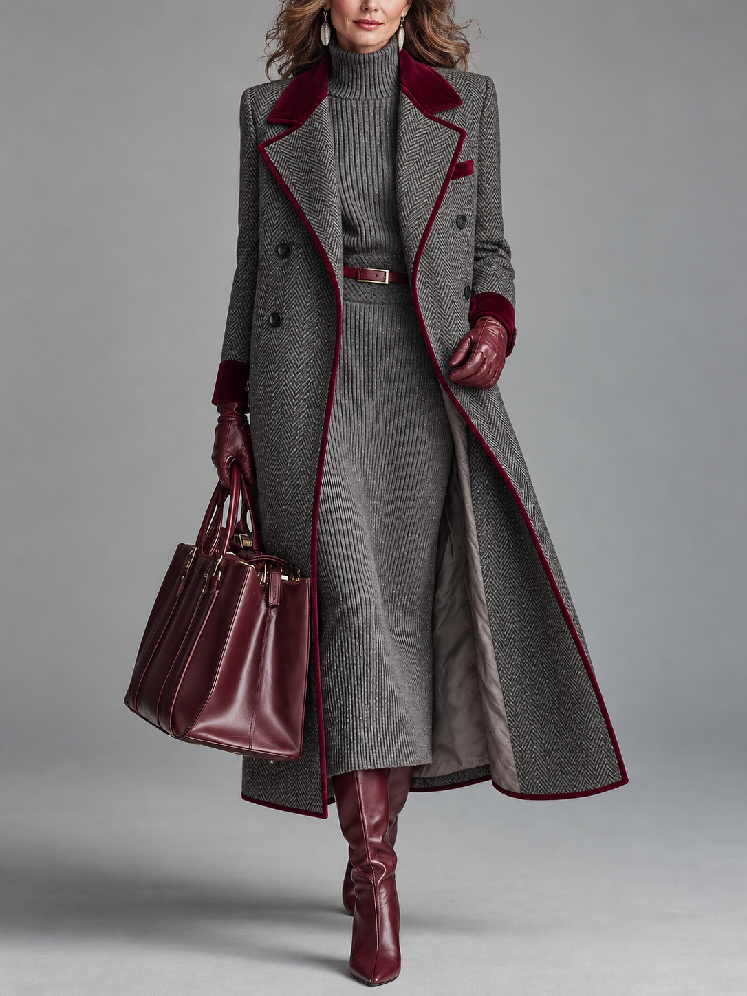 Manteau long en laine à chevrons Bordeaux de Danoir Paris, élégante finition en velours pour l'hiver.