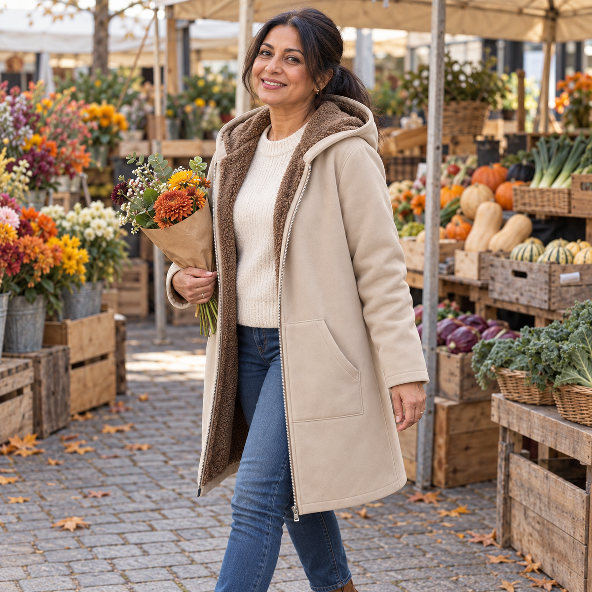 Manteau à capuche en sherpa Danoir Paris Evelyn™ porté, doux et chaud, parfait pour l'hiver, visible en extérieur lors d'un marché.