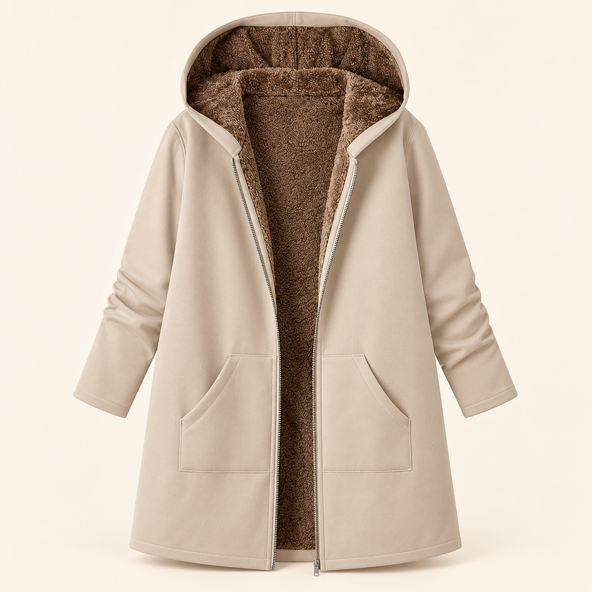 Manteau à capuche en sherpa beige et marron Danoir Paris, intérieur douillet, style chaud et confortable.