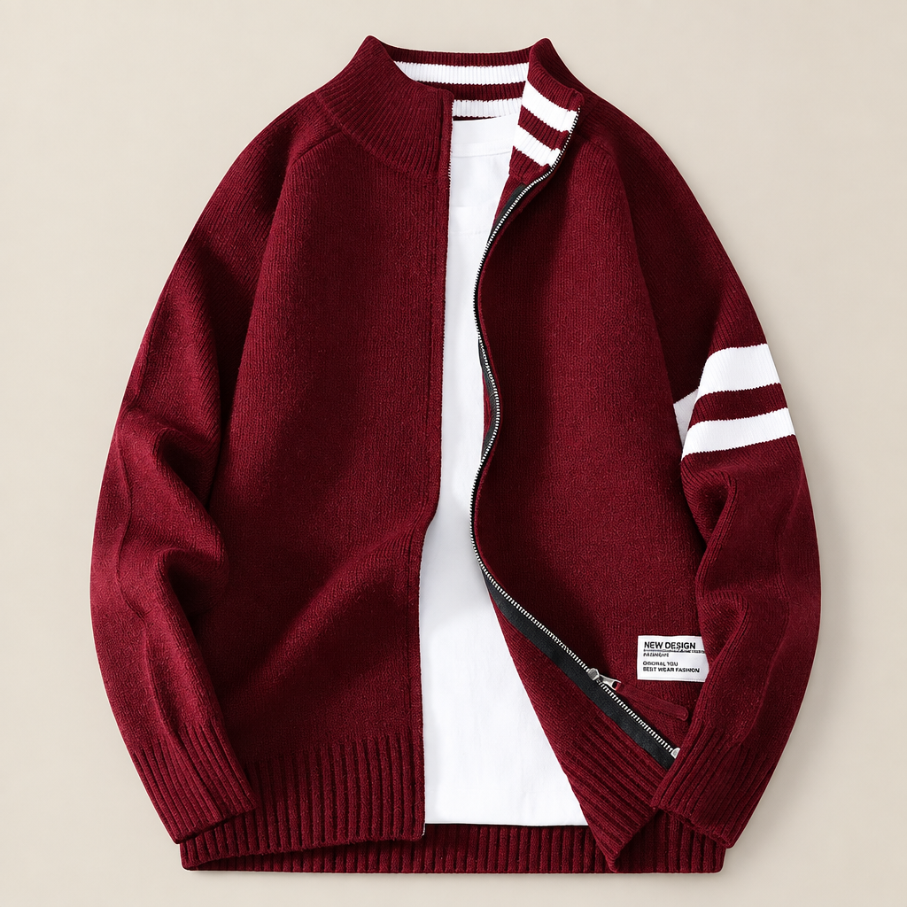 Cardigan tricot rayé Arlo de Danoir Paris, vue de face en position plate avec détails des rayures et du col.