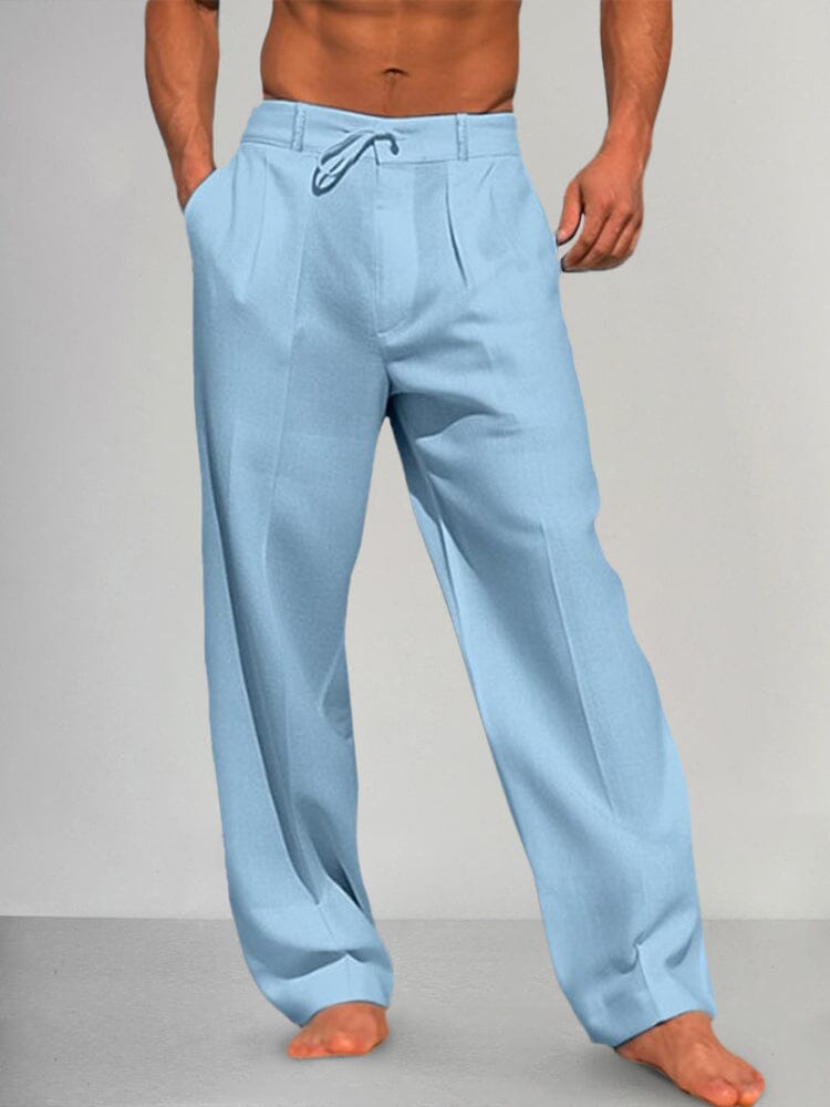 Pantalons droits en coton et lin Danoir Paris Torino, couleur bleu clair, tissu léger et confortable, vue de face.