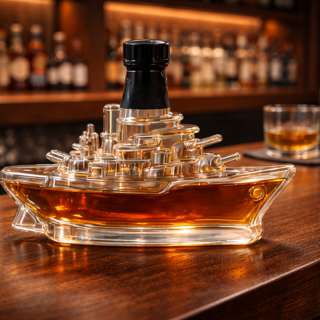 Flasque à whisky Danoir Paris version marine en acier inoxydable, avec design élégant et capuchon sécurisé.