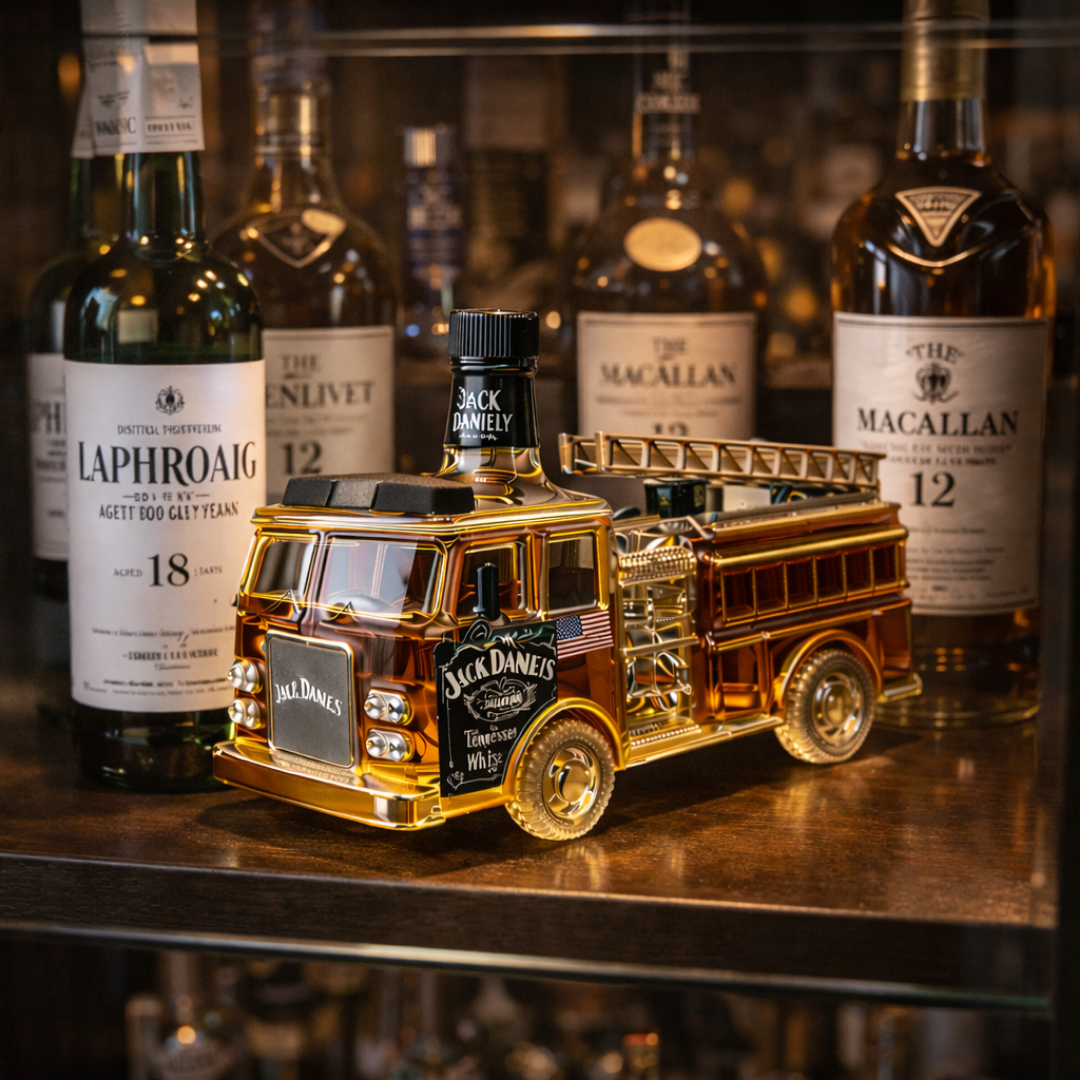 Flasque à whisky Jack Daniel's édition spéciale pompiers, design en métal avec logo emblématique, aspect robuste et élégant.