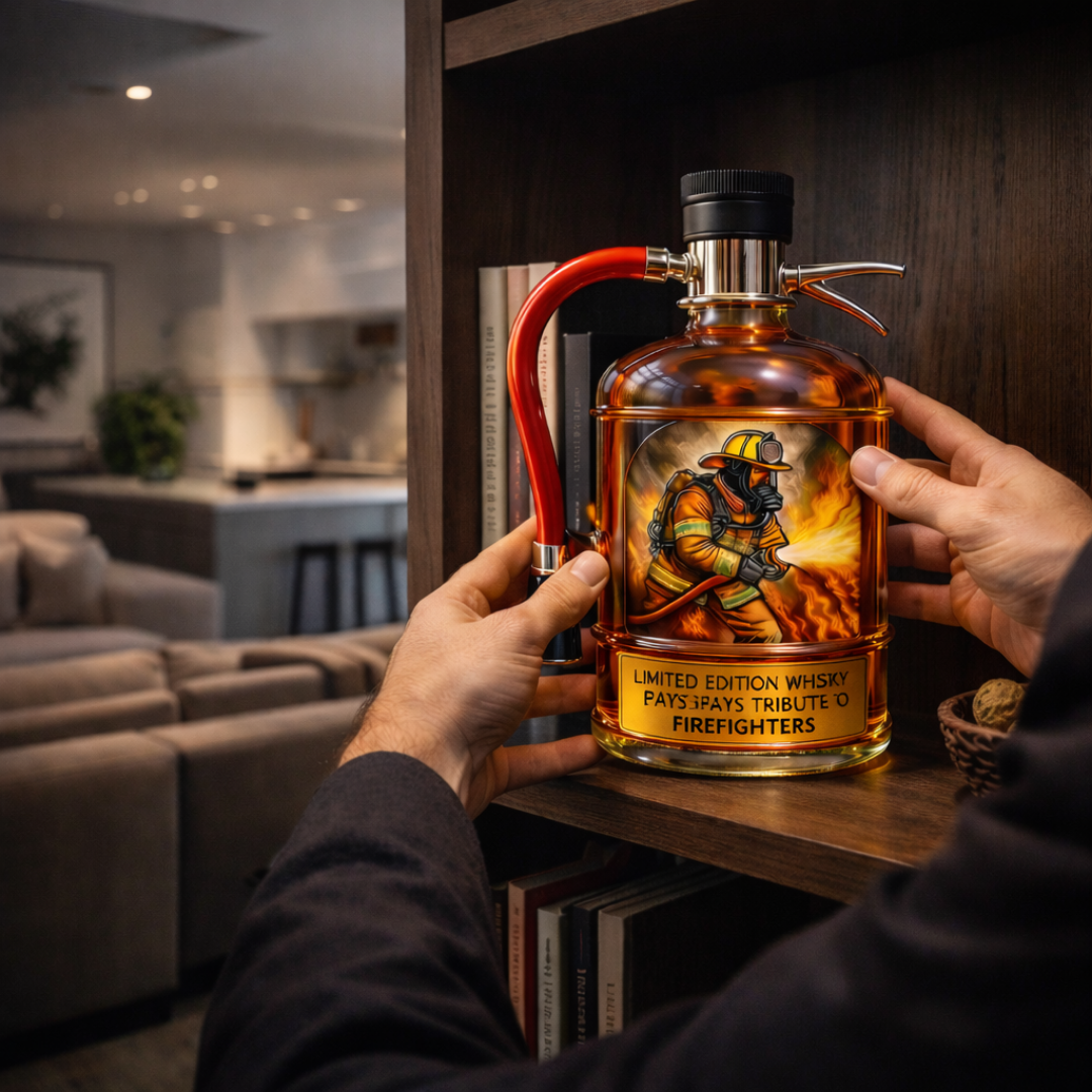 Flasque à whisky Danoir Paris en forme de extincteur, bouteille en acier inoxydable avec bouchon à vis, design original et pratique.