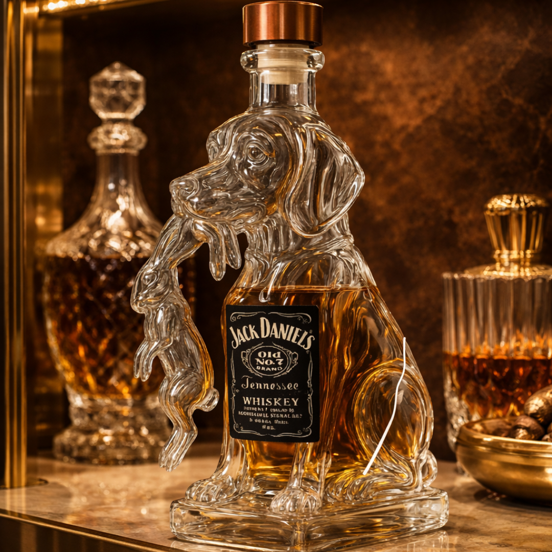 Mini flasque à whisky Danoir Paris en forme de chien, en acier inoxydable, avec détails réalistes, idéal pour les amateurs de whisky.