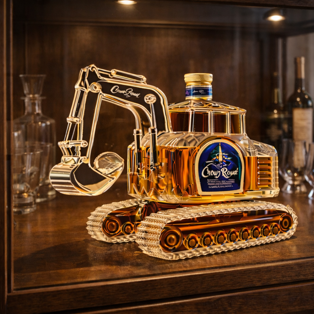Flasque à whisky Danoir Paris version excavateur, bouteille de whisky en acier inoxydable avec design d'excavatrice.