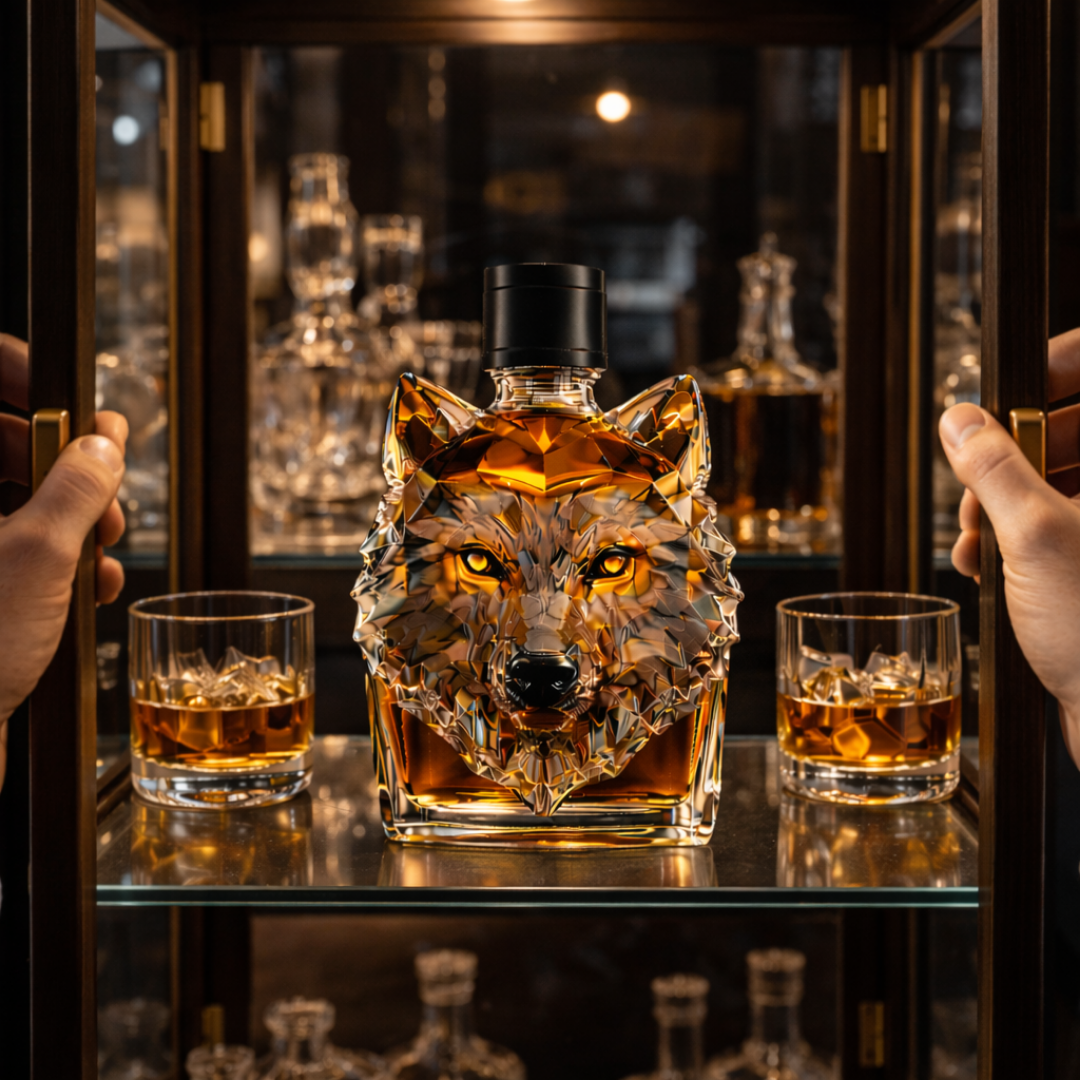 Flasque à whisky Danoir Paris en forme de tête de loup, design unique avec finition élégante, pour les amateurs de spiritueux.