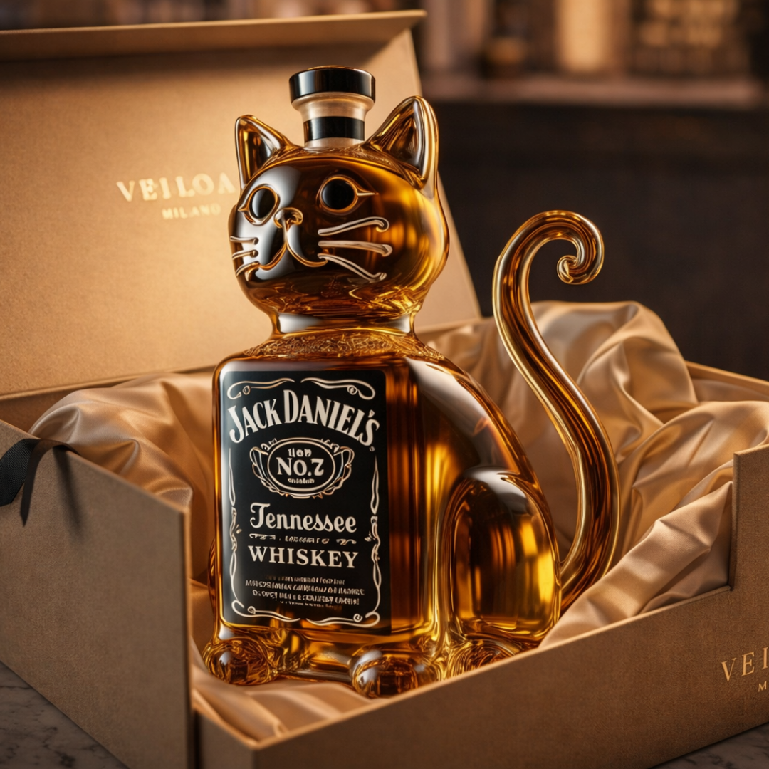 Flasque à whisky Danoir Paris édition chat, bouteille en acier inoxydable avec design de chat, idéale pour les amateurs de whisky.