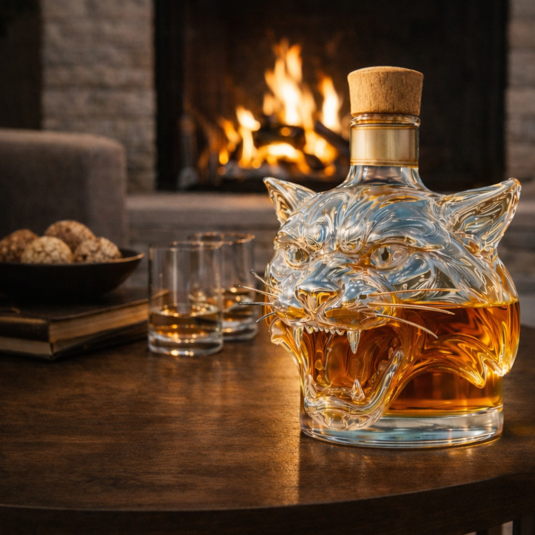 Flasque à whisky Danoir Paris édition Tiger, en verre avec motif tigre, prêt à être rempli et transporté.