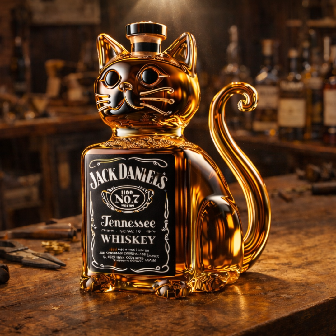Flasque à whisky Danoir Paris édition chat avec motif de chat sur la bouteille en verre.