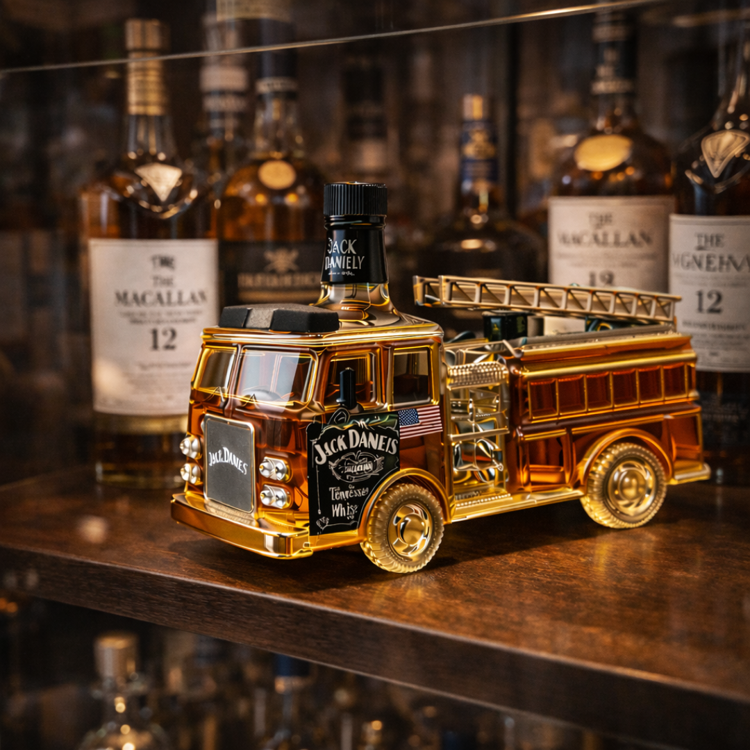 Flasque à whisky Jack Daniel's édition spéciale pompiers, Danoir Paris, design unique avec logo et détails gravés.