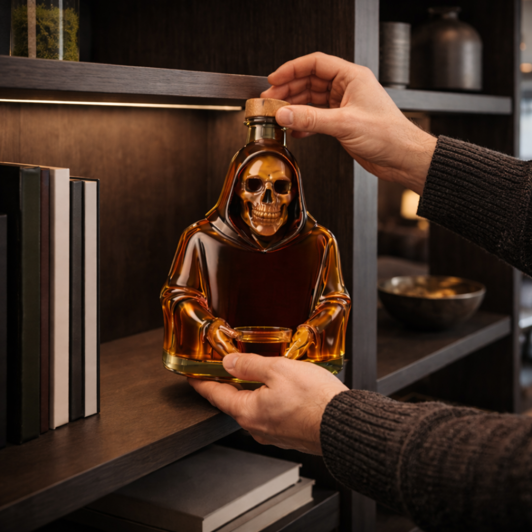 Flasque à whisky Danoir Paris édition spéciale Dood, bouteille de whisky élégante avec design unique, vue de face.