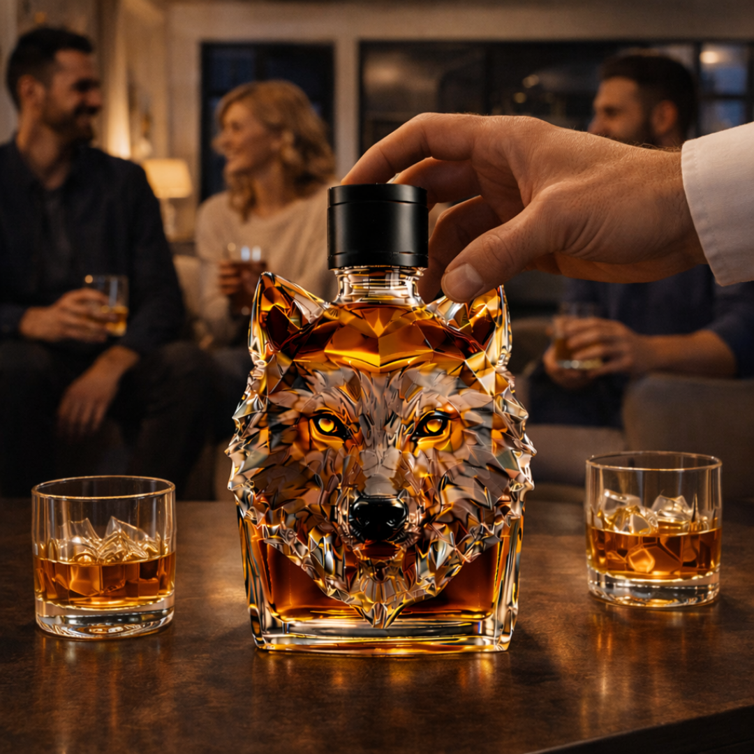 Flasque à whisky Danoir Paris en forme de tête de loup, acier inoxydable, finition élégante, design unique et moderne.