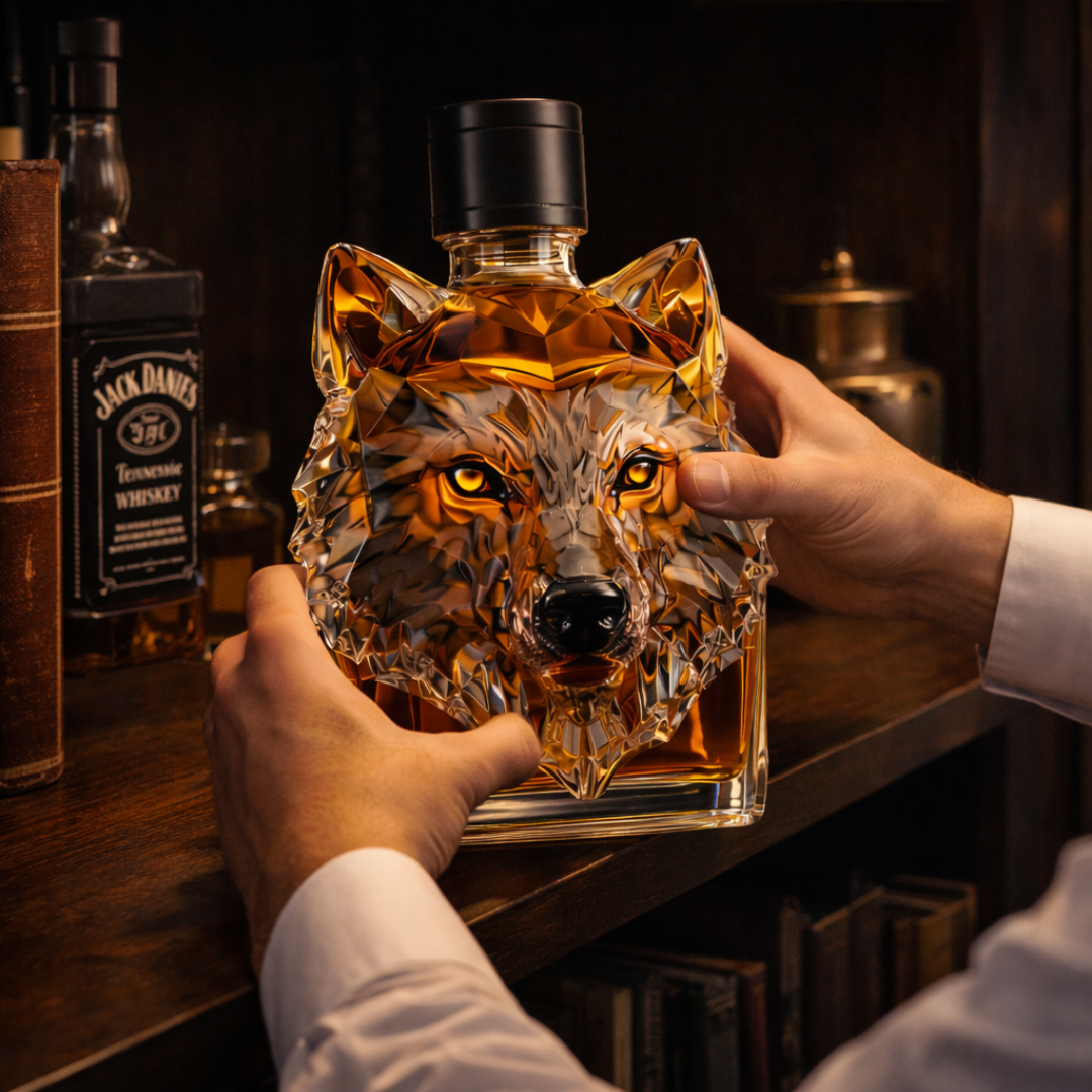 Flasque à whisky Danoir Paris avec design tête de loup en métal, aspect robuste et élégant, idéal pour transporter du whisky.