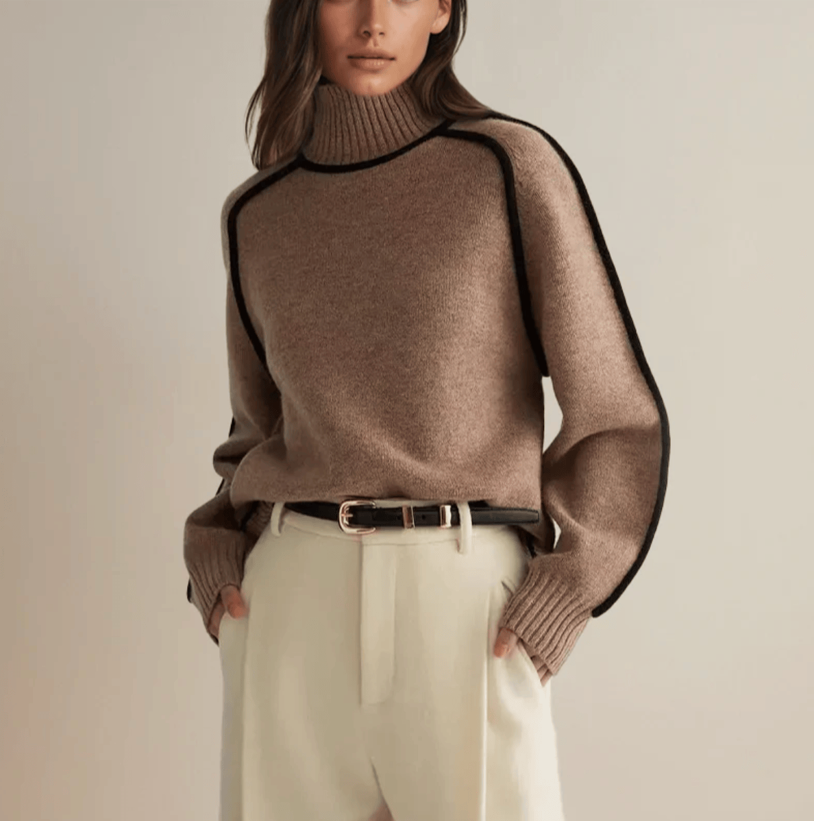 Pull roulé Céline Danoir Paris, en maille douce, couleur neutre, porté sur mannequin, style classique et élégant.
