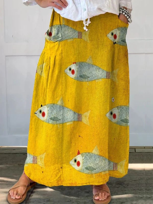Jupe portefeuille Danoir Paris Elli™ avec motif vintage de poissons, imprimé artistique élégant et tissu léger.