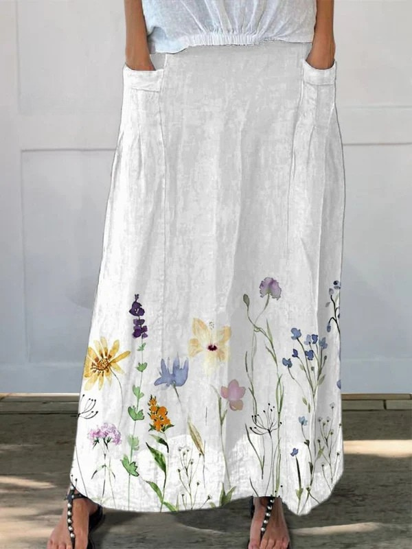 Jupe en coton avec motif Printemps de Danoir Paris, taille élastique et poches, style watercolor printemps, Kisha™.