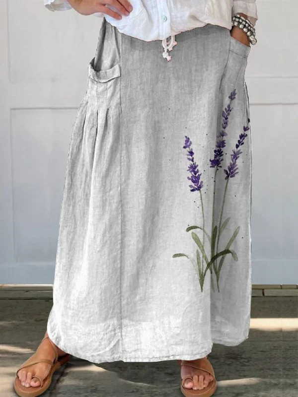 Jupe longue Danoir Paris Marian™ en tissu fluide avec imprimé lavande watercolor, ceinture élastique et poches.