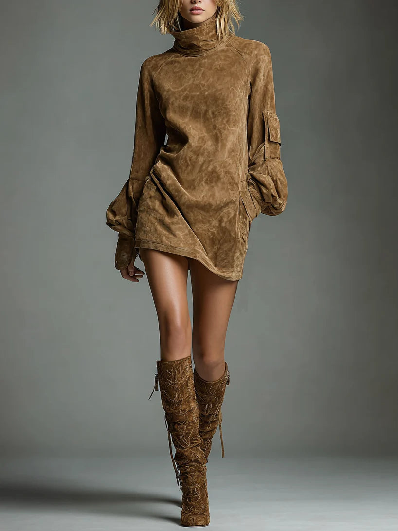 Robe courte oversize en suédine Bibiane Danoir Paris, col montant, vêtement vintage pour femmes, look décontracté et élégant