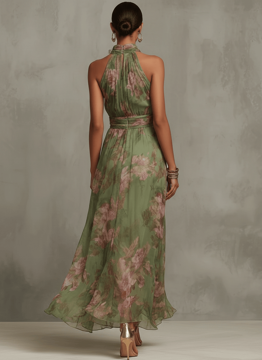 Robe longue florale Danoir Paris Livia, style maxi halter avec motif floral coloré, tissu léger et élégant.