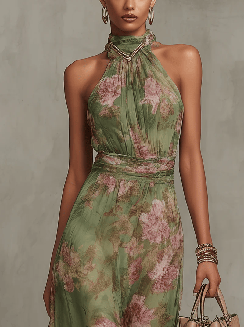 Robe longue florale Danoir Paris Livia en tissu léger, motif halter et coupe fluide, parfait pour l'été et les occasions élégantes.