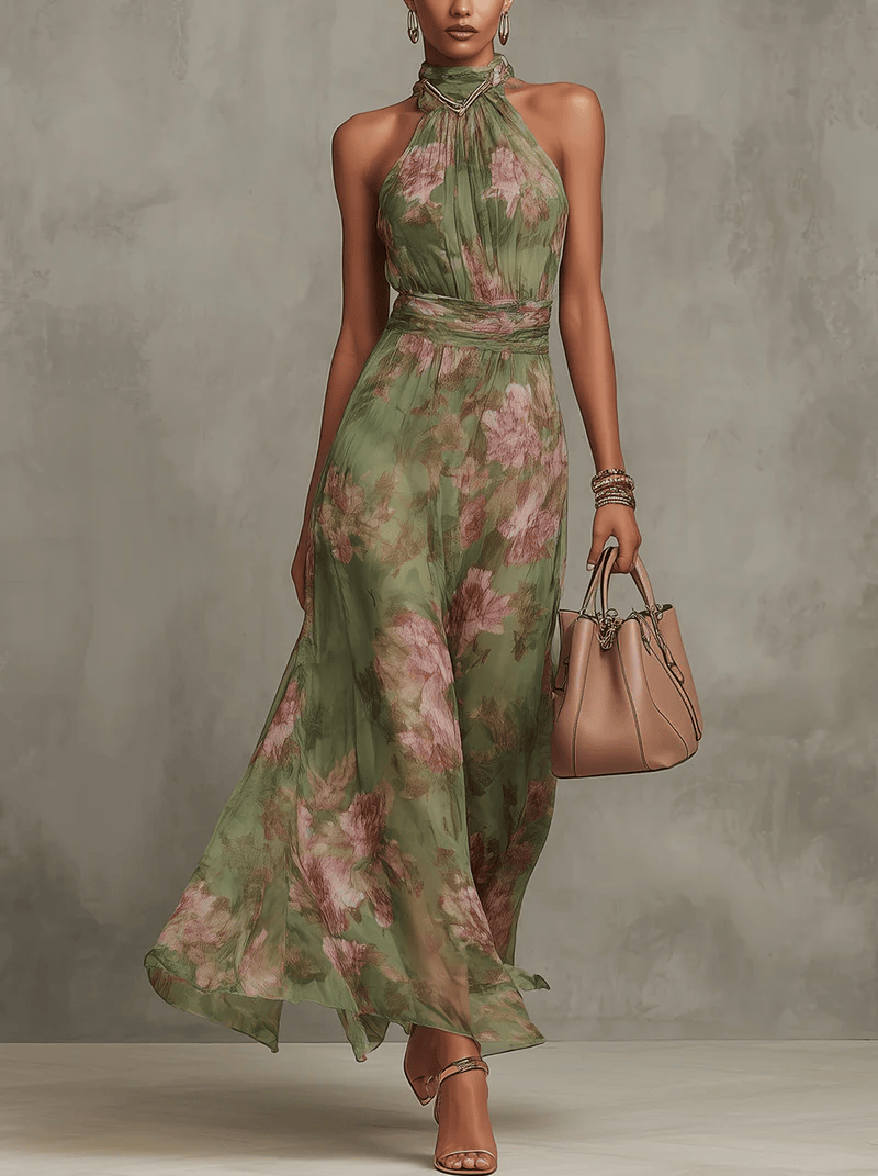 Robe longue florale Danoir Paris Livia, modèle maxi halter avec motif fleuri, tissu léger et élégant pour l'été.