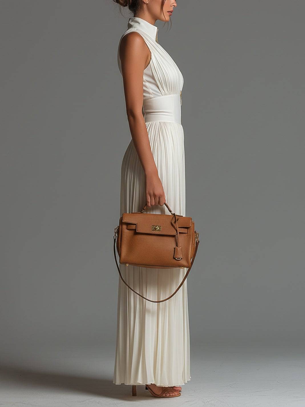 Combinaison sans manches blanche Danoir Paris avec décolleté en V, fermeture éclair, jupe plissée, large jambes en chiffon.
