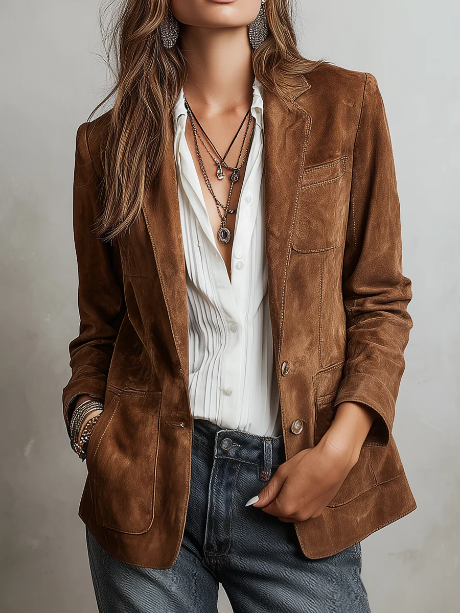 Blazer vintage marron Danoir Paris de la marque Marcelle, veste élégante en tissu, vue de face sur fond neutre.