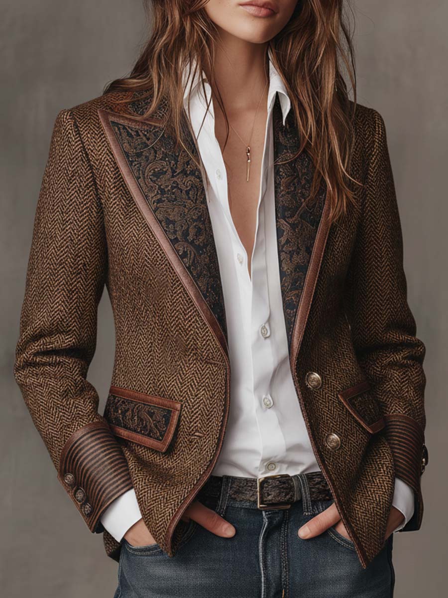 Blazer à manches longues Danoir Paris Gisèle avec empiècements imprimé chevrons, coupe élégante et tissu structuré.