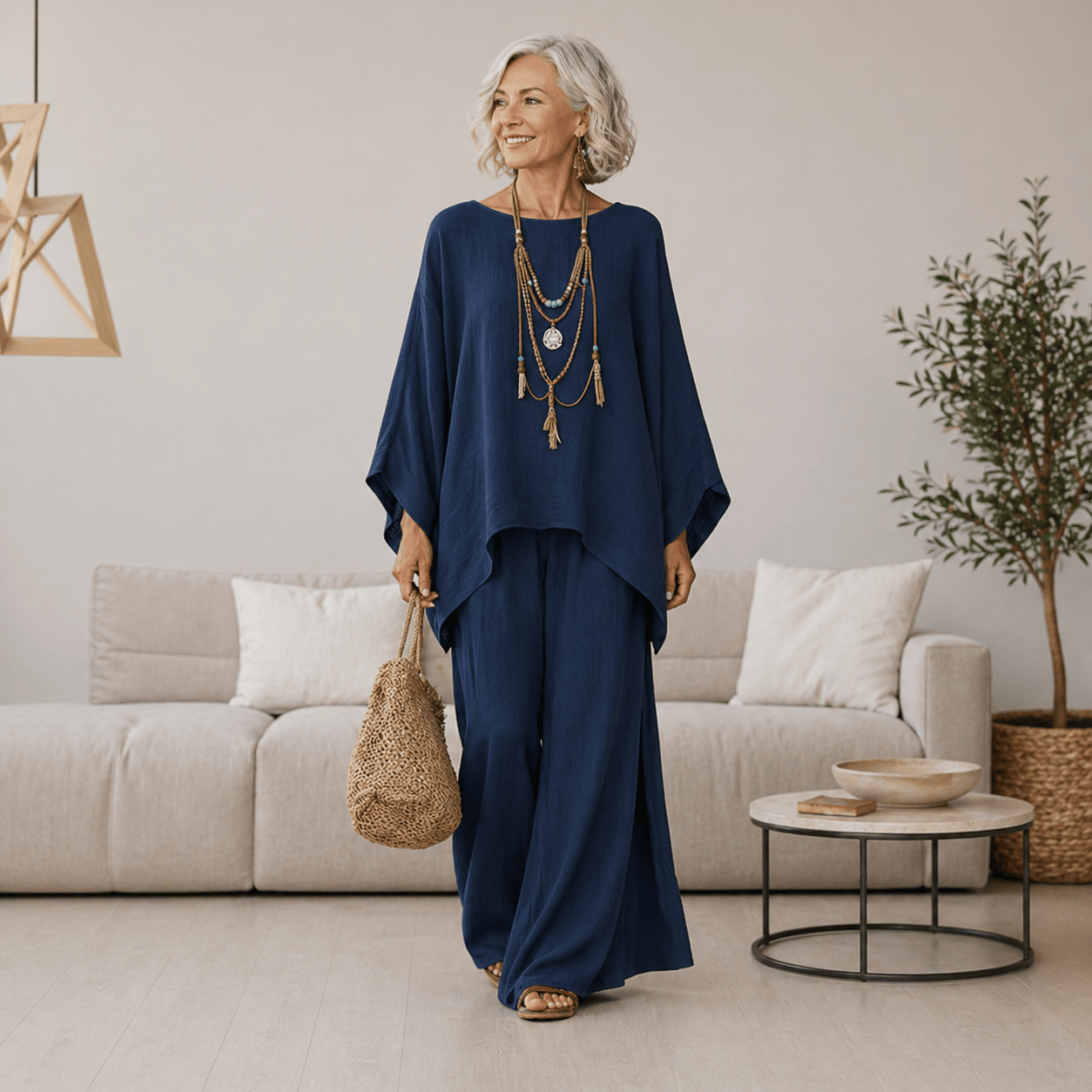 Ensemble de luxe Celeste™ de Danoir Paris en bleu, composé d'un haut et d'un pantalon élégants et confortables.