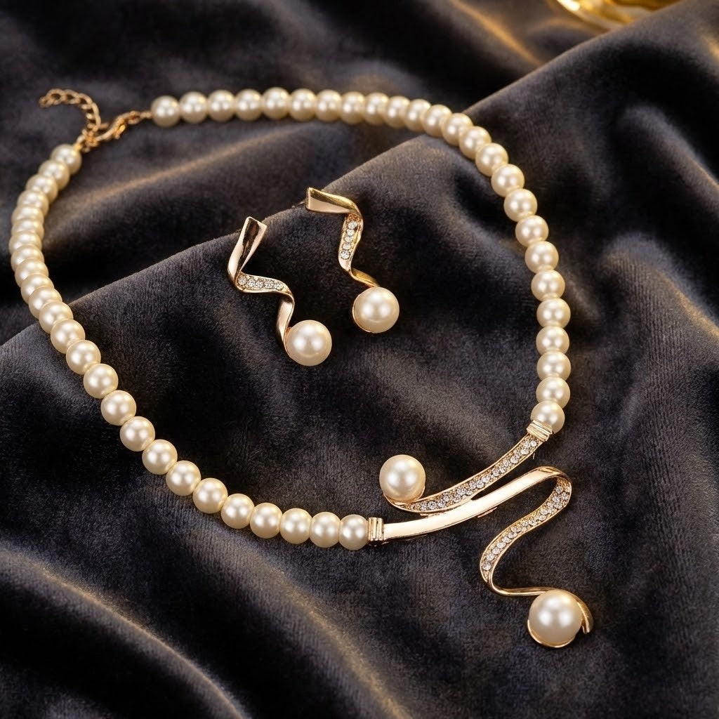 Ensemble de bijoux élégants avec vagues de perles de Danoir Paris, comprenant boucles d'oreilles et collier sophistiqués