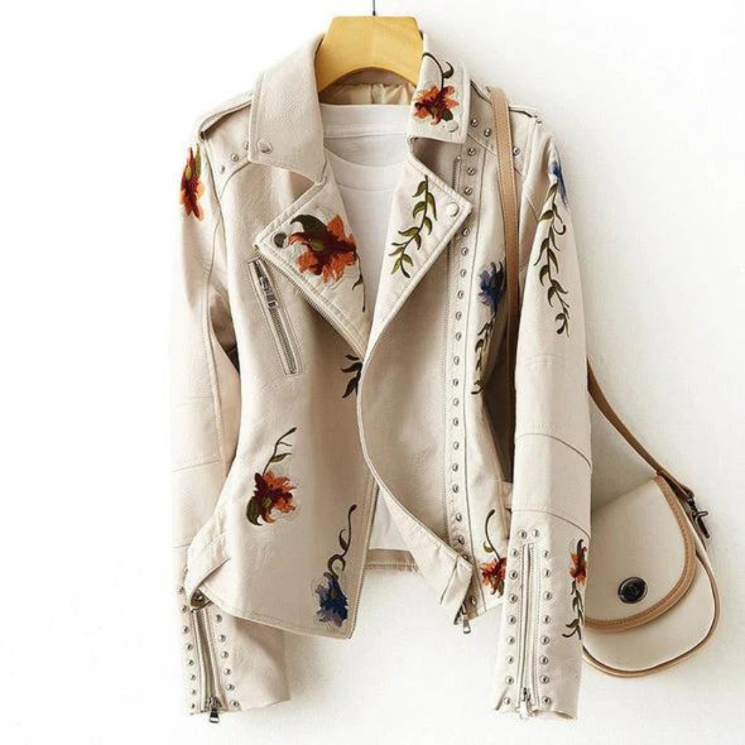 Veste fleurie rétro chic Livia de Danoir Paris, coupe élégante, détails floraux blancs, style vintage sophistiqué.