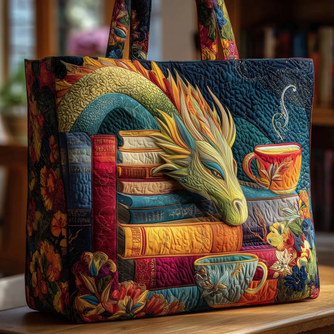 Sac à main artisanal Danoir Paris avec motif de dragon et livres anciens, en cuir orné de détails artistiques.