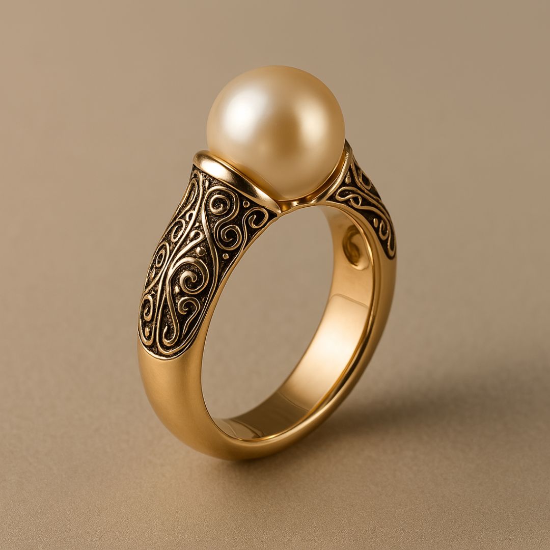 Bague vintage intemporelle en or avec perle, bijou élégant de Danoir Paris, vue de face sur fond neutre.