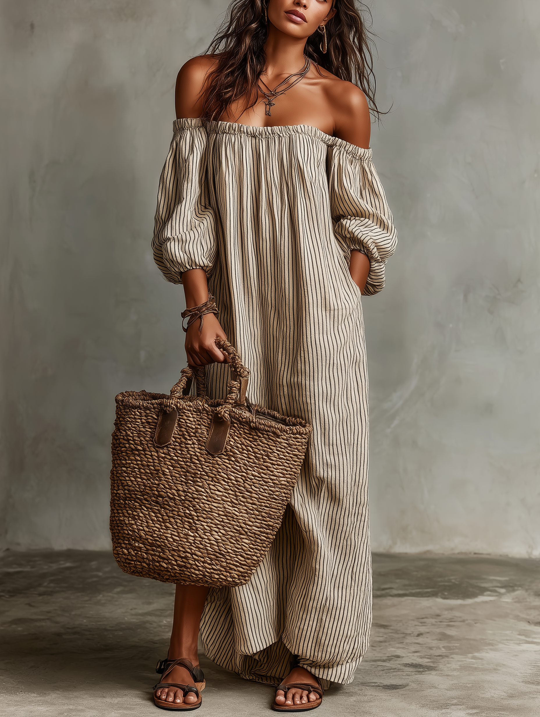 Robe longue Danoir Paris Carmen avec épaules dénudées et rayures beiges, portée en vue de face.