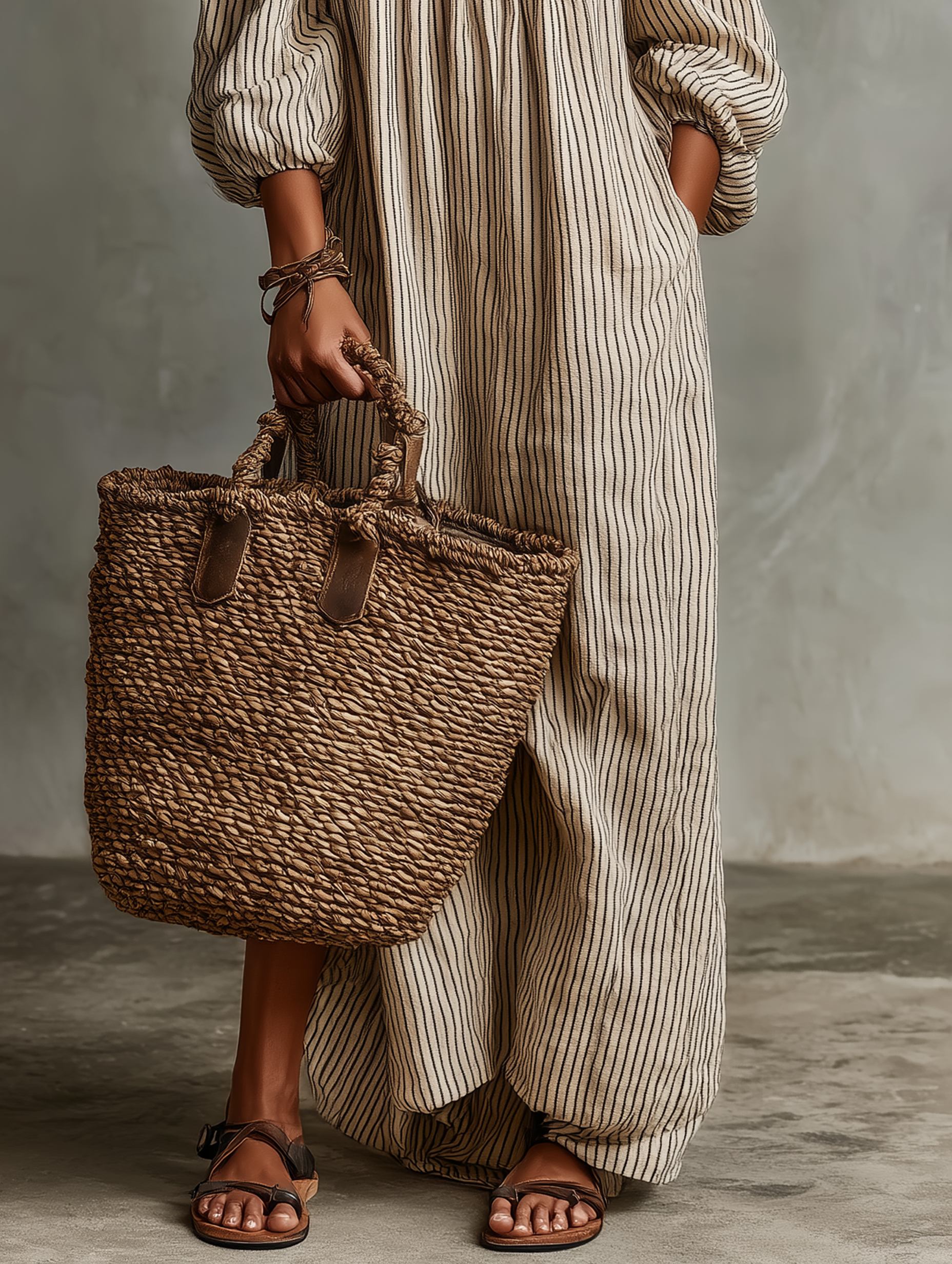 Robe longue Danoir Paris Carmen à rayures beige, manches épaules nues, style élégant et décontracté.