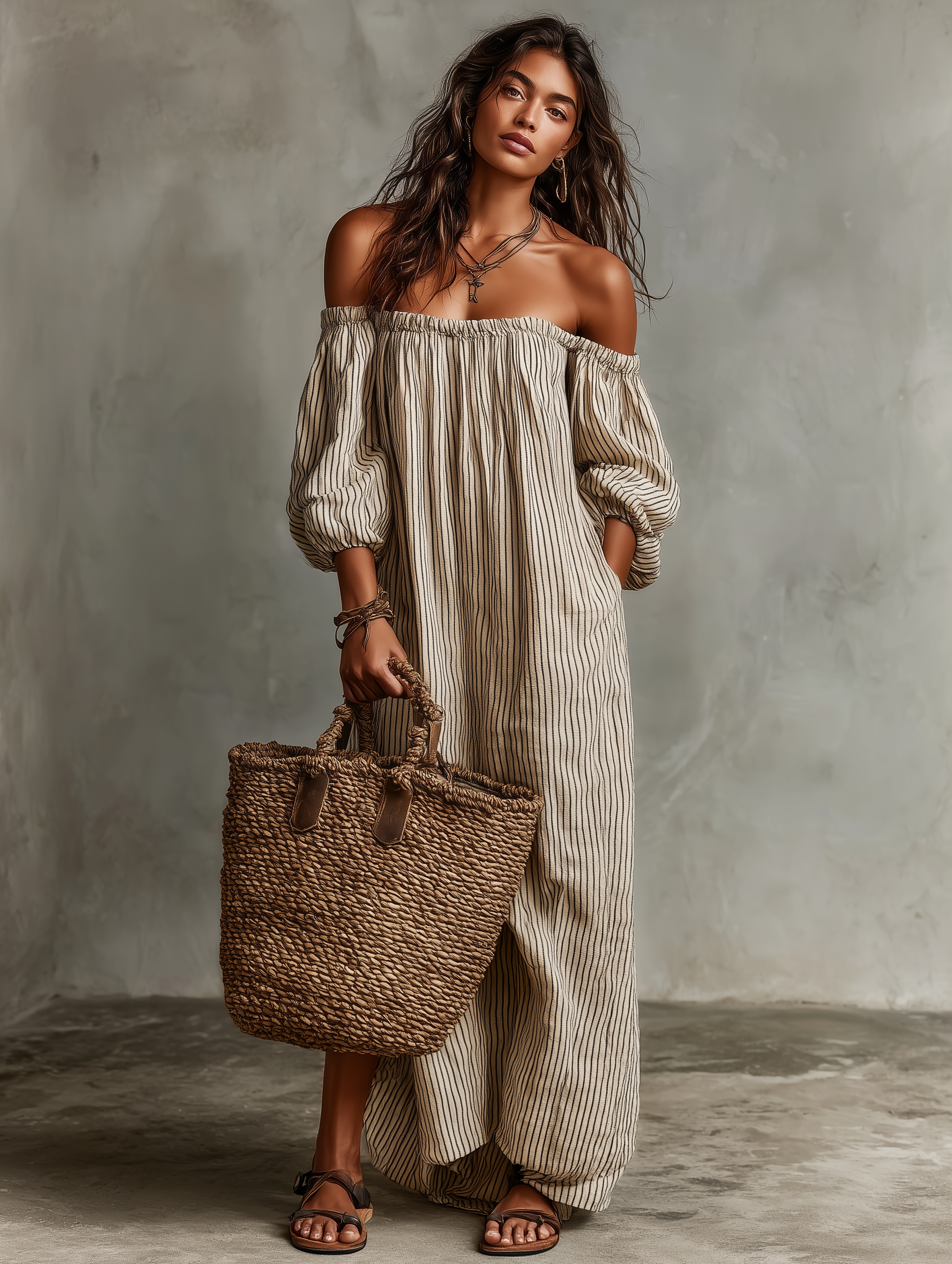 Robe longue Danoir Paris Carmen à rayures beige, style avec épaules dénudées, pour élégance estivale.