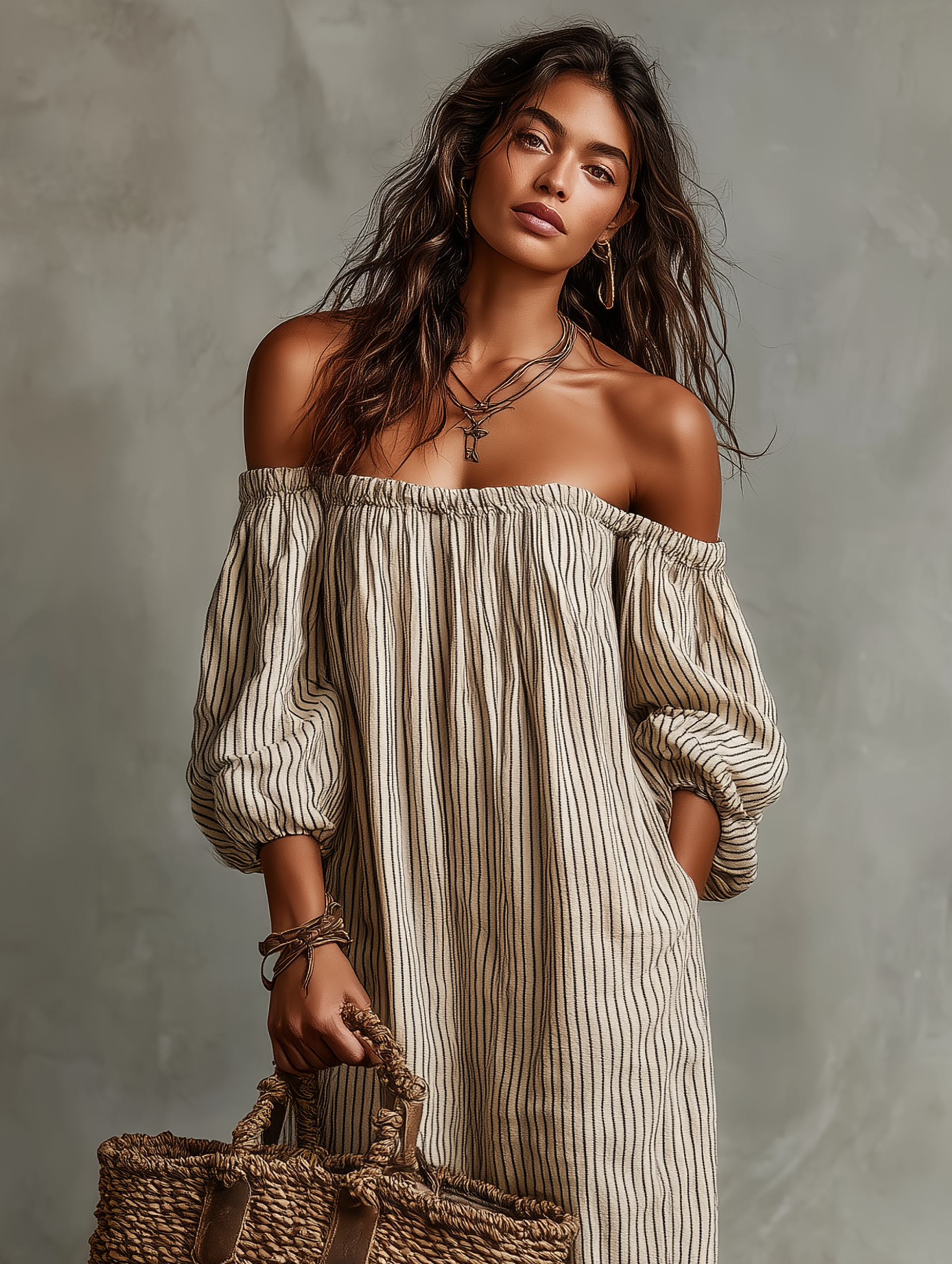 Robe longue Danoir Paris Carmen à rayures beige, avec épaules dénudées, portée en style élégant et léger.