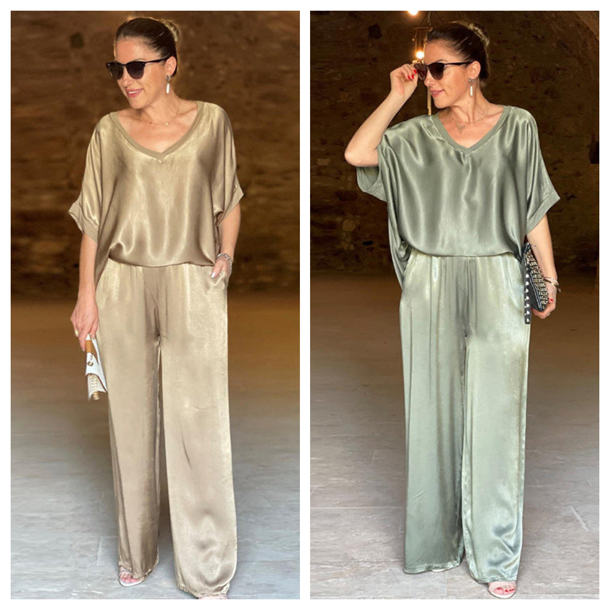 Ensemble Pauline en satin brillant vert pour femme de Danoir Paris, vêtement élégant et confortable.