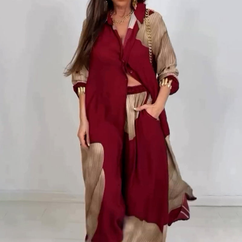 Ensemble décontracté Danoir Paris Norélie en tissu abricot et gris, vue de face, vêtements élégants et confortables.